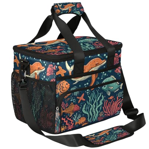 Sea Coral Insulated Picnic Backpack Lunch Box for Women Men Picnic Basket Tote Lunch Bag Picnic Bag Portable Lunch Bags for Picnic, Beach, Work, Trip,Office, Camp Ocean Whale Fish