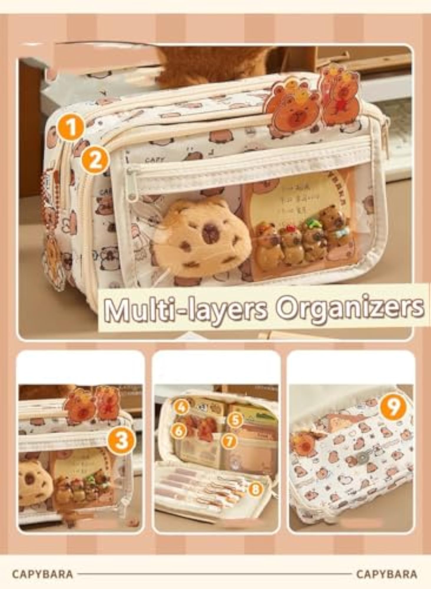 Cute Flip Top Pencil Case with Kawaii Capybara Decors