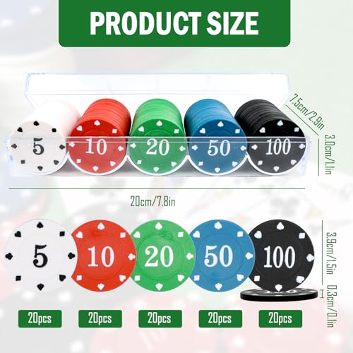MplehDa Casino Pokerchips, 100 Stück Poker Chips mit Nennwerten, Spielchips Wertmarken Karten Chips Box Pfandmarken Roulette Spiel Bingo Chips für Poker, Blackjack und Casinospiele