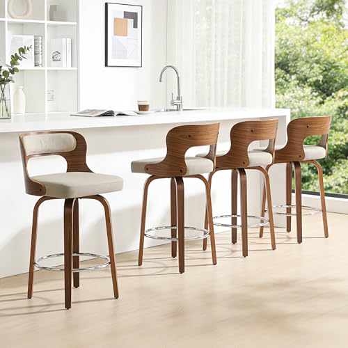 Image of Swivel Bar Stools Set of 4, 26 inch Counter Height Bar Stools, Mid-Century Modern Linen Fabric Modern Island Chairs with Back and Footrest, for Kitchen, Bar, Restaurant, Cafe, Camel