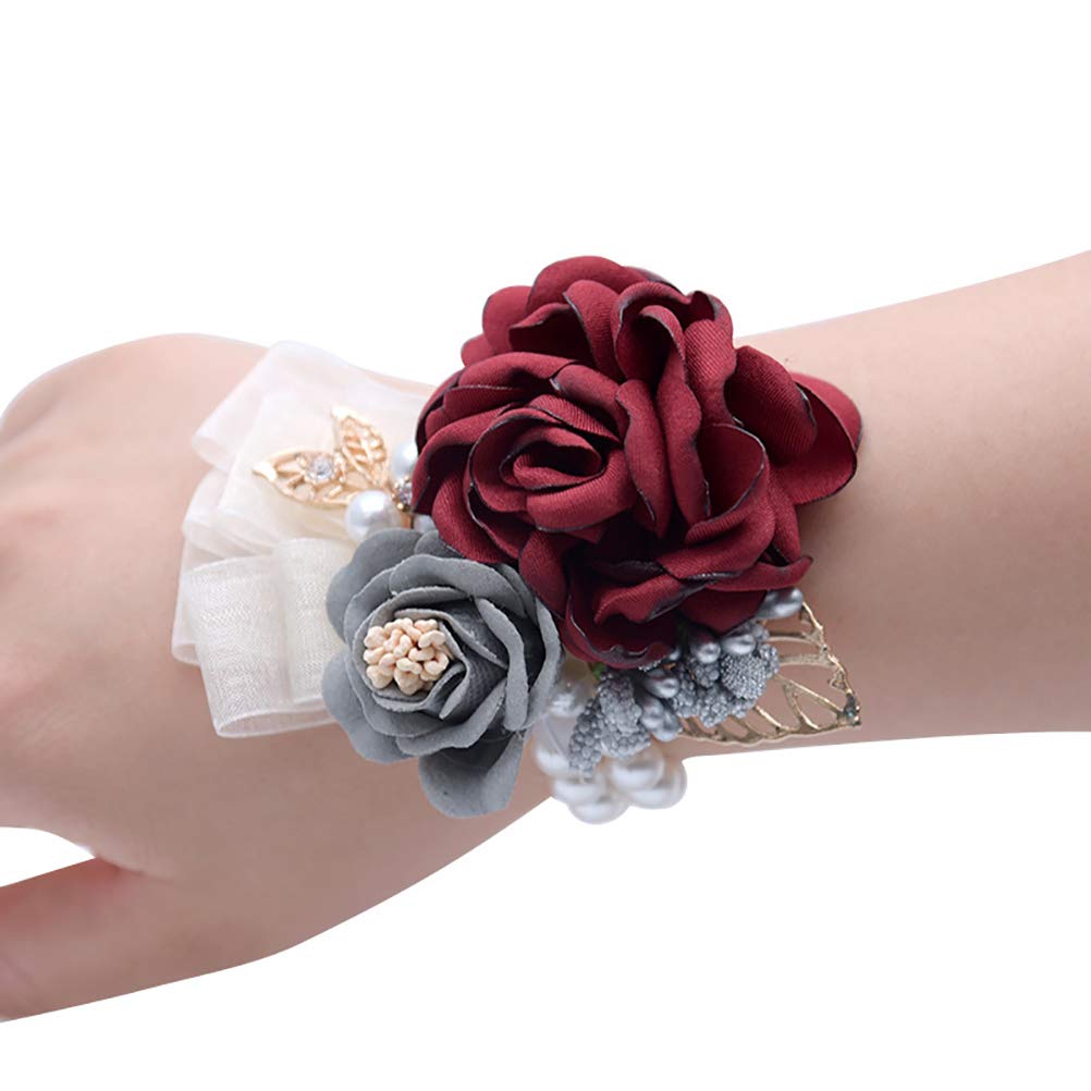 BUUEERR Pack of 2 Artificial Camellia Flower Wrist Corsage Wristband Wedding Bridal Girl Bridesmaid Wrist Hand Flower for Party Prom Wedding Blue (Wine Red)