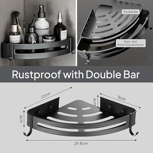 Corner Shower Caddy, SUS304 Stainless Steel Bathroom Organizer with Double Bar & 5 Hooks, Rustproof, Drill-Free Adhesive or Screw Installation, Gun Grey, 2-Pack