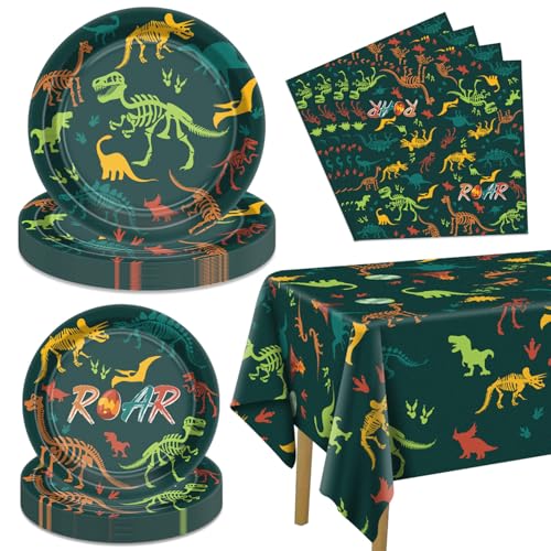 Lot de 61 décorations d'anniversaire en forme de dinosaure – Assiettes, serviettes, nappes dinosaures pour garçons, enfants, fournitures d'anniversaire...