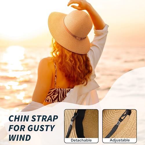 Image of Beach Sun Straw Hats for Women, UPF 50+ UV Sun Protection Wide Brim Summer Straw Hat Foldable Packable Roll up Cap