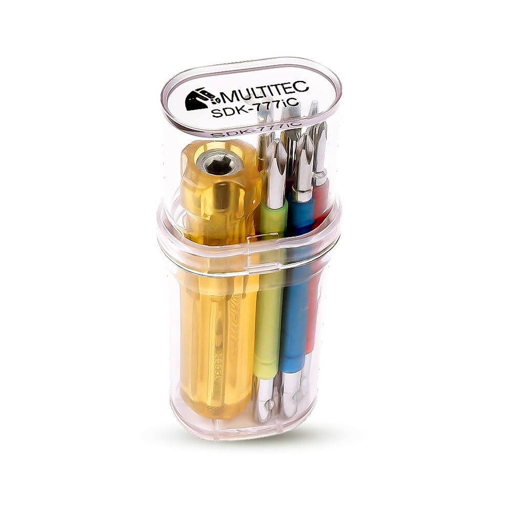 MULTITEC SDK-777iC – 7-in-1 Insulated Screwdriver Kit with Voltage Tester – Transparent Carry Box – Multicolor Insulated Bits for Easy Access – Alloy Steel – 900g – Heavy Duty Electrician Toolkit