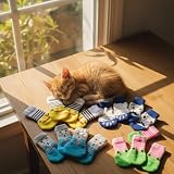 DqiUnaX Hundesocken Anti Rutsch, 5 Paar Pfotenschutz Mit Niedlichen Designs, Anti-Rutsch Socken Für Kleine Hunde, Indoor Schutz Bei Kälte Und Glatten Böden, Größe M 7,5 * 3 cm