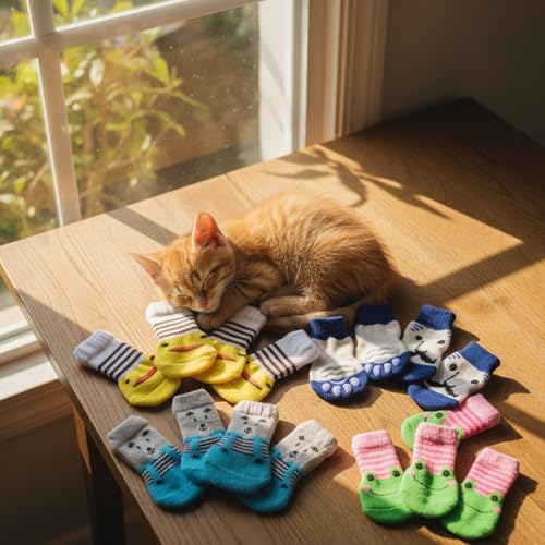 DqiUnaX Hundesocken Anti Rutsch, 5 Paar Pfotenschutz Mit Niedlichen Designs, Anti-Rutsch Socken Für Kleine Hunde, Indoor Schutz Bei Kälte Und Glatten Böden, Größe M 7,5 * 3 cm