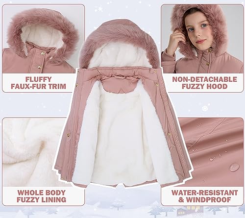 Image of SOLOCOTE Toddlers and Girls Winter Coat Water-Resistant Faux Fur Hood Sherpa Lining Elastic Cuffs with Pockets for Kids