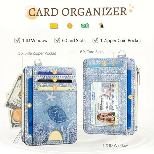 Image of Kelvoris Sea Turtle Slim Wallet Women Credit Card Holder, Ocean Small RFID | Keychain, Zipper Coin Pocket, Front Pocket Thin Travel Card Case, Minimalist, 6 Card Slots, 1 ID Window, Ladies Gifts Woman