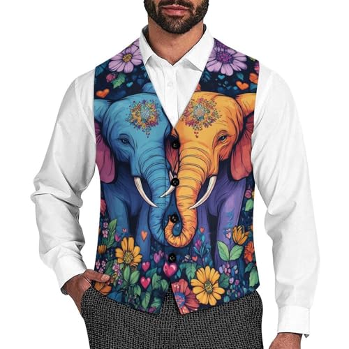 Elephant Couple in Love Flower Men's Suit Vests Dress Vest V-Neck Waistcoat Slim Business Formal with Pocket