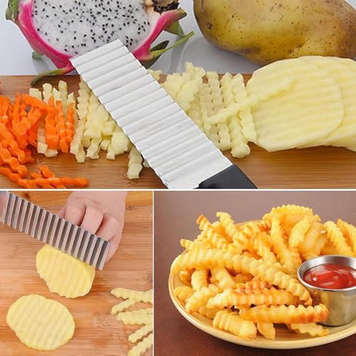 Image of Stainless Steel Potato Cutter Crinkle Chopper - French Fries, Chips, and Vegetable Cutter with Nylon Handle - Wave Cutting Knife for Carrots, Salad, and More (1 Piece)