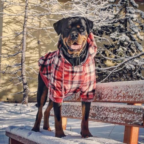 Image of Spark Paws Dog Hoodie - Premium Dog Sweater for Small, Medium, and Large Dogs | Warm Outfits for French Bulldogs, Pitbull, Puppy, Winter Jacket Alternative - Red Plaid, 5XL