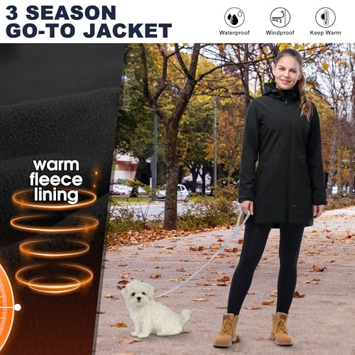 Softshelljacke Damen Lange Übergangsjacke Wasserdicht Winddicht Softshellmantel Windbreaker Atmungsaktiv Wanderjacke Outdoor Mantel mit Abnehmbarer Kapuze – Bild 6