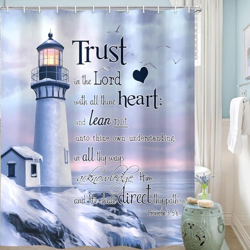 Nautical Ocean Lighthouse Shower Curtain Set for Bathroom, Bible Verse Coastal Beach Fabric Shower Curtain Restroom Bathtub Decor Accessories with Hooks 69X70 inch - Image 4