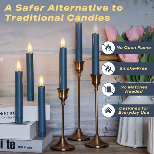 Image of Blue Flameless Taper Candles with Remote, Short Battery Operated LED Candles, 6.4inch Flickering Flameless Candlesticks for Table Centerpiece, Wedding, Mantel, Window Decor, Set of 6