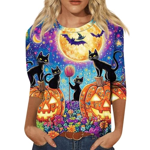 Cute Funny Halloween Shirts for Women Plus Size 3/4 Length Long Sleeve Womens Tops Witch Gothic Renaissance Shirt