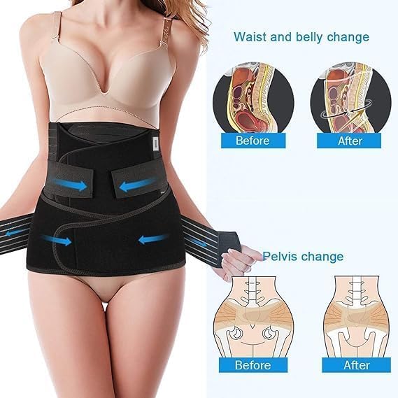 Image of Amazon Brand - Solimo 3-In-1 Postpartum Belly Band Post Pregnancy Abdominal Belt After Delivery Waist & Pelvis Slimming Shapewear Tummy Reduction (Free Size) (Black)