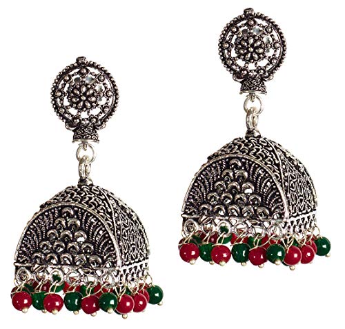 DESI HAWKER Silver Oxidized Earring Bali Jhumki Jhumka Jewelry Bollywood Drop Dangle Chandelier Floral Big Doli NI-30