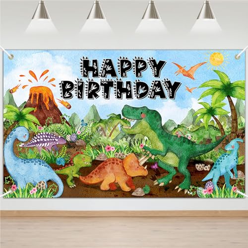 Avezano Dinosaur Birthday Banner for Kids Watercolor Dinosaur Happy Birthday Backdrop Cartoon Dino Birthday Party Supplies Decoration (6x3.6ft)