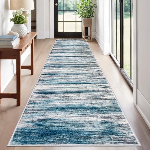 KOZYFLY Modern Abstract Hallway Runner Rug, 2.6x12 Washable Rug Runner Non-Slip Soft Striped Kitchen Runner Rugs, Print Distressed Blue Carpet Runner for Entryway Bathroom Laundry Room Foyer