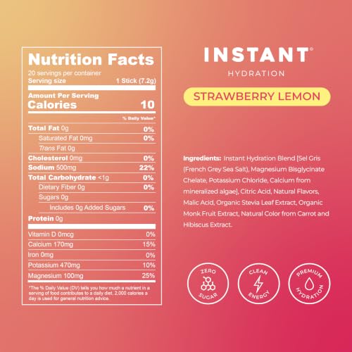 Image of Instant Hydration Sugar Free Electrolytes Powder Packets - Strawberry Lemon Electrolyte Drink Mix & Travel Essentials - Post Workout Recovery, Brain Health, Muscle & Tissue Support - 20 Sticks