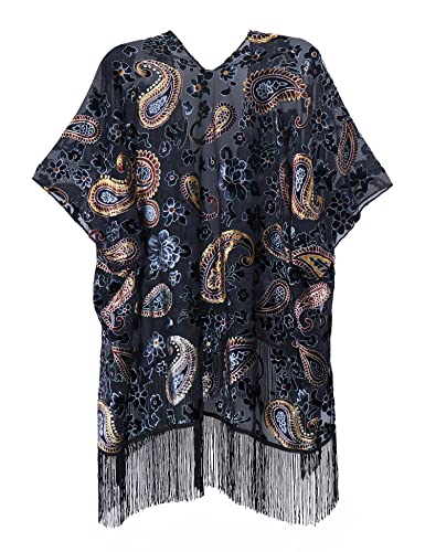 Image of MJ SERECA Women's Burnout Velvet Kimono Cardigan Cover Up with Tassel