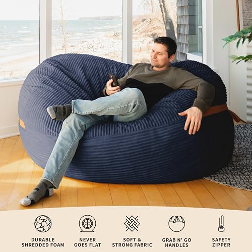 Image of Big Joe Fuf 7Ft Foam Bean Bag Chair for Kids and Family, Ideal for Living Space and Basement, Midnight Blue Corded Plush, 7 feet Giant
