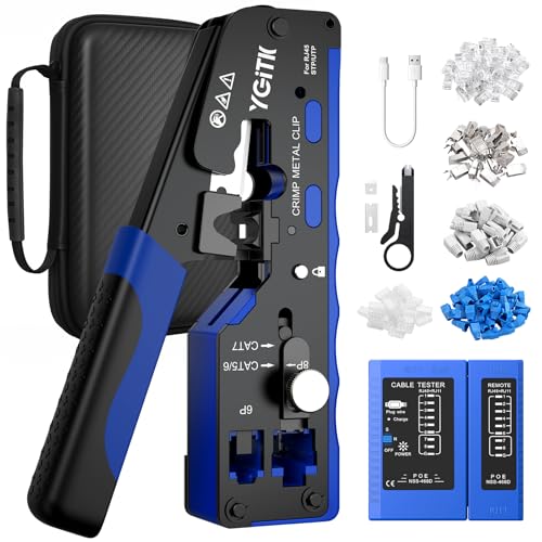 YGiTK Pince à Sertir RJ45 Kit d'Outils de Sertissage RJ45 Testeur de Câble Réseau avec Pince à Dénuder et CAT6 Tête en Cristal Plaqué Or pour Connecteur...