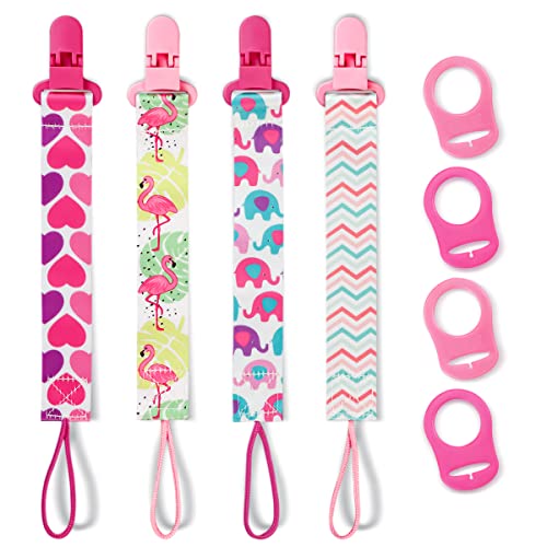 Image of 4 Pack Pacifier Clips for Boys Girls, Dummy Clips Baby with Adapters, Silicone Binky Clips for Baby Teething Toys Baby Shower (Pink)