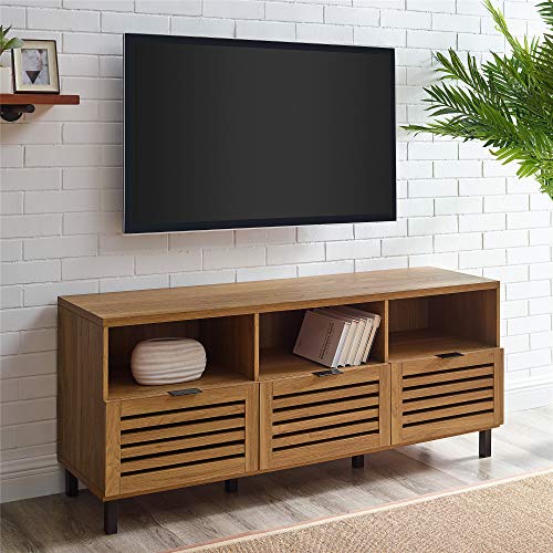 Walker Edison Modern Wood Stand with Slat TV s up to 65 Flat Screen Living Room Storage Cabinet Doors and Shelves Entertainment Center, 58 Inch, English Oak