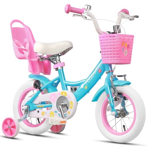 Glerc Maggie 12 Pulgadas niñas Bicicleta Edad 2 3 4 años de Edad niños Bicicleta Estilo Princesa con Asiento de la muñeca Cesta Pata de Cabra Campana para cumpleaños, Azul
