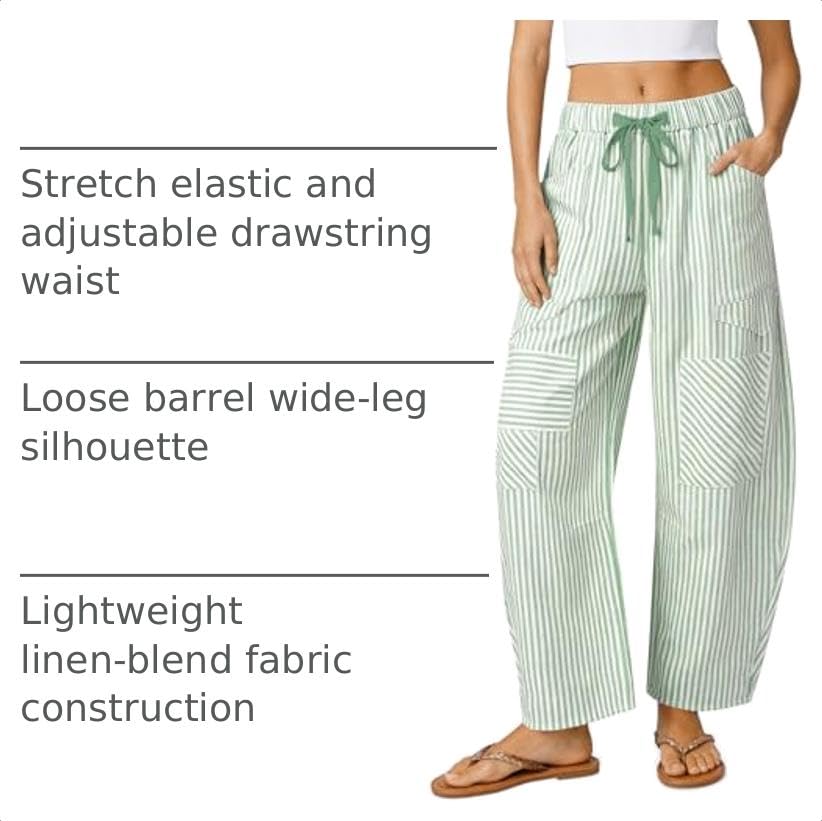 Image of TARSE Womens Striped Linen Barrel Pants with Pockets Y2k Patchwork