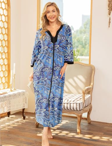 Image of Bloggerlove House Dresses for Women Zip Up Robes Soft Cotton Nightgown Half Sleeve House Coat Long Night Gowns Sleepwear