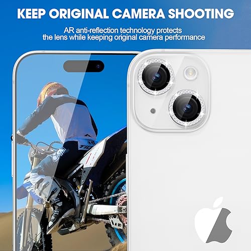 Image of Tempered Glass Camera Lens Protector Compatible for iPhone 15 /15 Plus Bling,Individual Metal Diamond Ring 9H Hardness Scratchproof Protector,Stylish Accessories,Case Friendly (Silver Diamond)