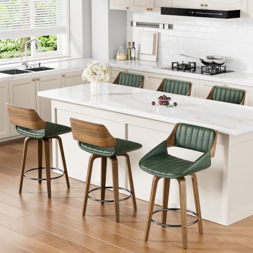 Image of YaFiti Bar Stools Set of 6, 26 inch Swivel Counter Height Barstools with Bentwood Back and Legs, Mid Century Modern Upholstered Faux Leather Counter Stools for Kitchen Island, Dining Room, Green