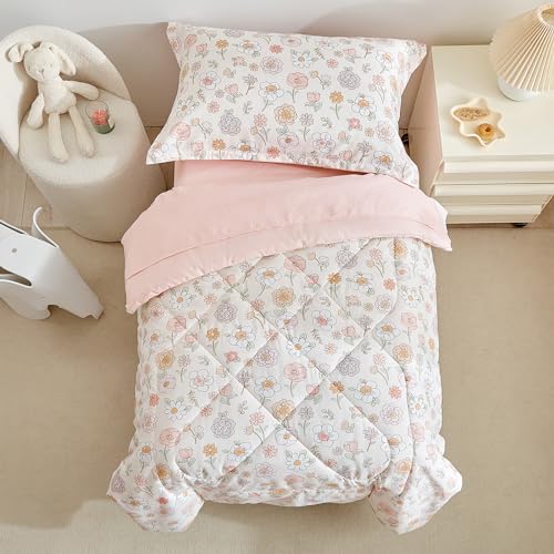 Image of DuShow Floral 4 Piece Girls Toddler Bed Comforter Set Pink Flower Reversible Toddler Bedding Set Soft Baby Crib Bed Sheets Set in a Bag | Include Quilt Comforter,Flat Sheet,Fitted Sheet,Pillowcase