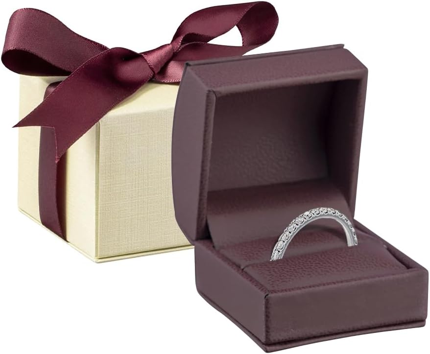 Luxury Dome-Shape Leather Necklace Box - Leather Interior Chain & Necklace Jewelry Gift Box for Men & Women - Necklace Case with Cream Ribbed Fancy Outer Box & Matching Bow Ribbon