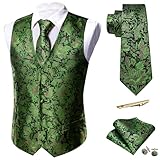 Barry.Wang Mens Paisley V-neck Green Black Flower Suit Vest Formal/Leisure Silk Jacquard Waistcoat Tie Set 5PCS