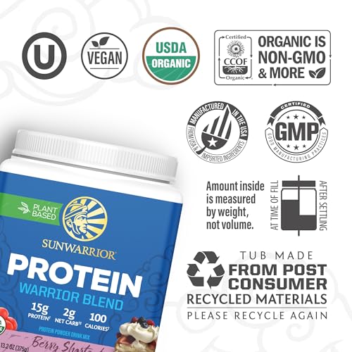 Image of Sunwarrior - Warrior Blend, Plant Based, Raw Vegan Protein Powder with Peas & Hemp, Berry, 13.2 Ounce (Pack of 1)