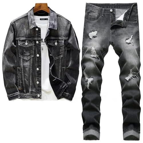 Black Jacket Jeans Two Piece Set for Men Casual Loose Denim Coat and Hole Ripped Pants2