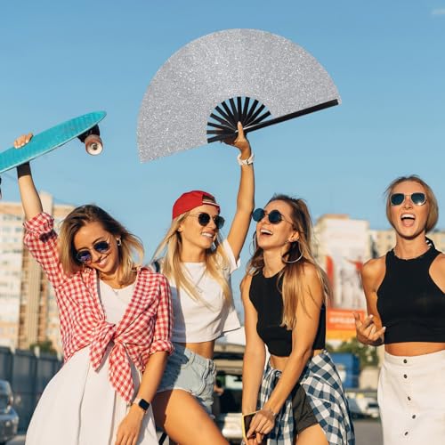 Image of Vercraft 13'' Large Rave Fan for Women Rave Accessories Festival Outfits Glitter Hand Folding Clack Fan for Line Dancing EDM Music Festival Outfits(Silver)