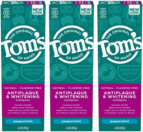 Tom's of Maine Fluoride-Free Antiplaque & Whitening Natural Toothpaste, Peppermint, 4.2 oz. 3-Pack (Packaging May Vary)