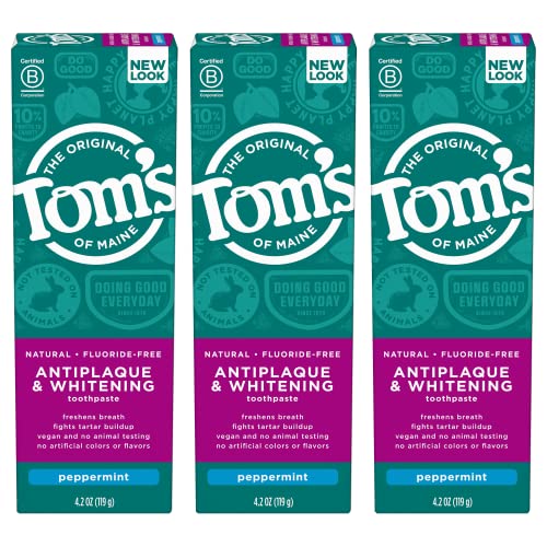 Tom's Of Maine Fluoride-Free Antiplaque & Whitening Natural Toothpaste, Peppermint, 4.2 Oz. 3-Pack (Packaging May Vary) #TOP7