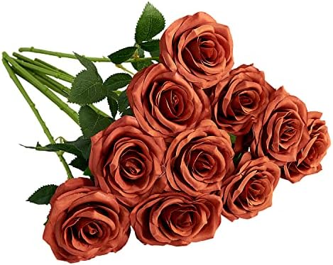 IUKnot Artificial Rose 10pcs Open Flower Bouquet Faux Rose Stems for Wedding Arrangement, Bridal Bouquet, Centerpiece, Fake Faux Silk Flowers (Burnt Orange)