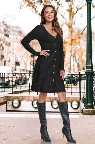 MOLERANI Womens Fall Long Sleeve Ribbed Knit Dresses 2025 Casual V Neck Knee Length Button Down Winter Sweater Dress Trendy3