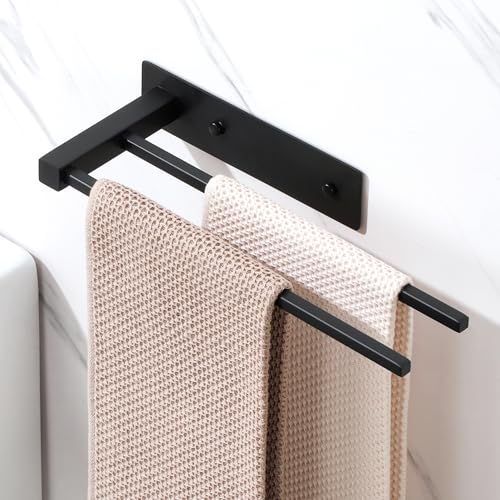Mooche Porte Serviette sans Perçage Salle de Bain 30 CM, 2 Barre Porte Serviette Pratique, Support Serviette Mural en Acier Inoxydable pour Cuisine/Lavabo/Toilette, Perçage/Adhésif, Noir