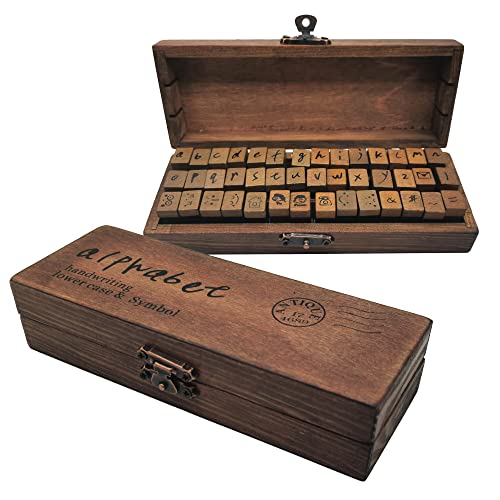 Diyomr Vintage Letter Stamps Wood Rubber Stamps Italics Alphabet, 42Pcs Stamps Set With Old Red Vintage Wooden Box For Gift Card Making Scrapbook Diy Ancient Typing Simulation (Lower Case & Symbol) #TOP23