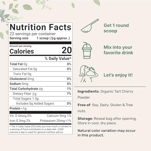 Organic Tart Cherry powder, 4oz | 100% Natural Fruit Powder | US Grown Tart Cherries Source | No Sugar & Additives | Great Flavor for Drinks, Smoothie, & Beverages | Non-GMO & Vegan Friendly - Thumbnail 2