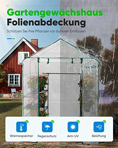 Foto von Quictent Gewächshaus 195x143x143cm, Stabiles Foliengewächshaus mit 2 Fenstern und 12 Regalebenen, Tomatengewächshaus mit Bodennägeln & Seilen für Garten & Balkon,Weiß