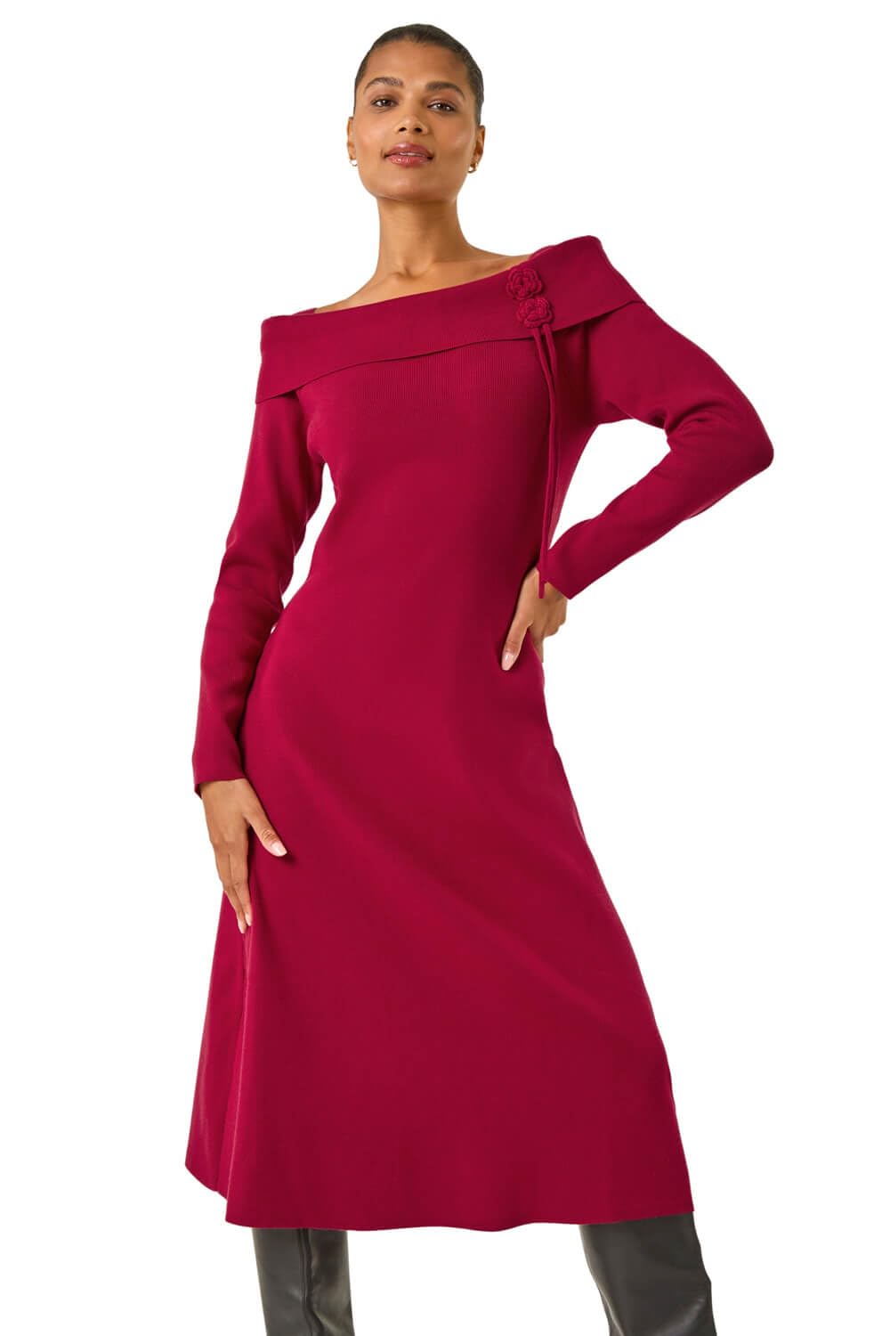Roman Women's Red Floral Bardot Knit Midi Dress In | Size: 20